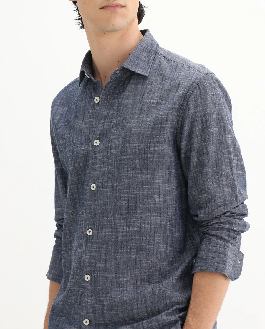 Rare Rabbit Men's Slub Dark Blue Cotton Plain Regular Fit Full Sleeve Collared Shirt