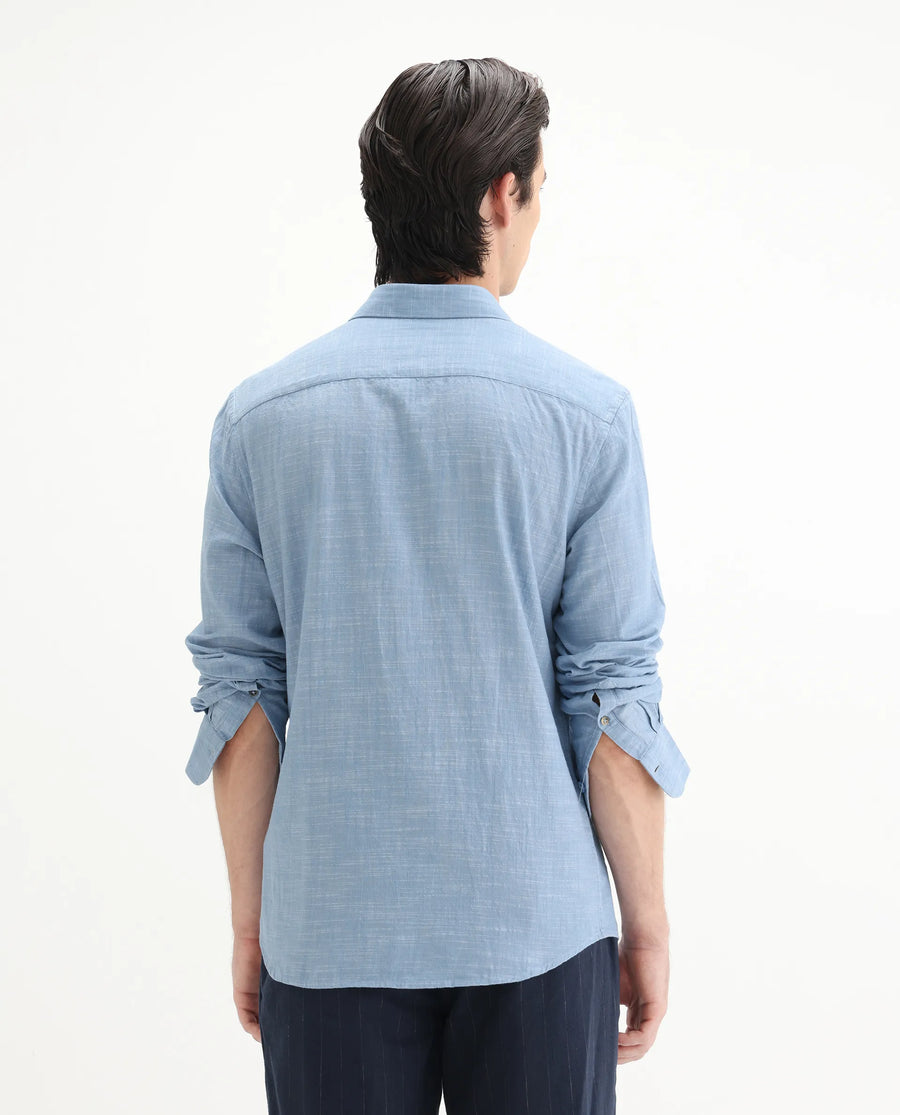 Rare Rabbit Men's Slub Light Blue Cotton Plain Regular Fit Full Sleeve Collared Shirt