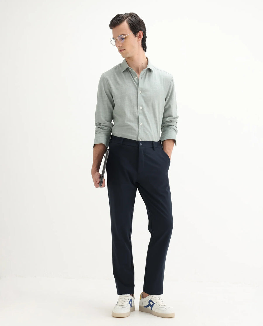 Rare Rabbit Men's Slub Sage Cotton Plain Regular Fit Full Sleeve Collared Shirt