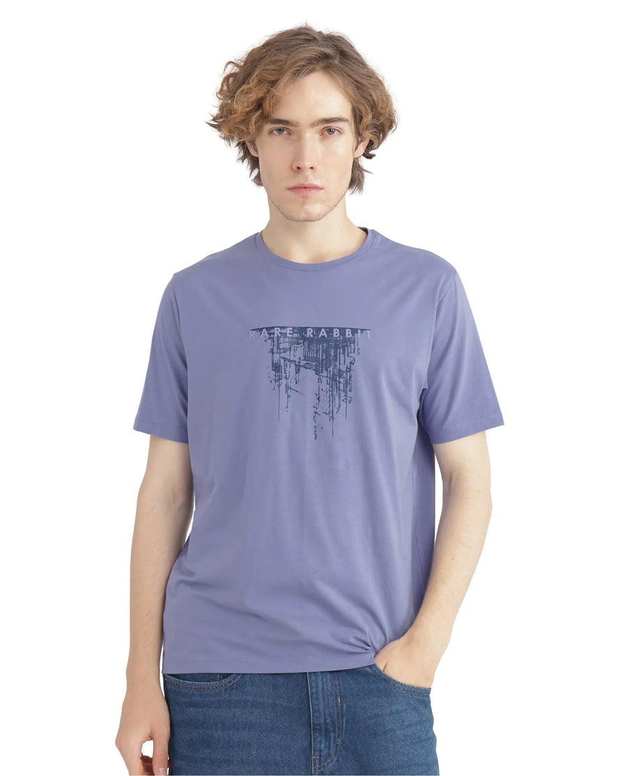 Rare Rabbit Men's Slyn Pastel Purple Cotton Blend Hd Print Regular Fit Half Sleeve Crew Neck T-Shirt