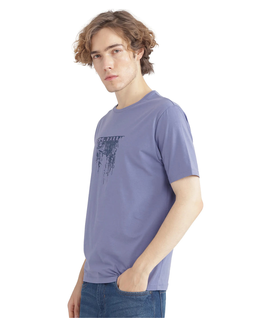 Rare Rabbit Men's Slyn Pastel Purple Cotton Blend Hd Print Regular Fit Half Sleeve Crew Neck T-Shirt