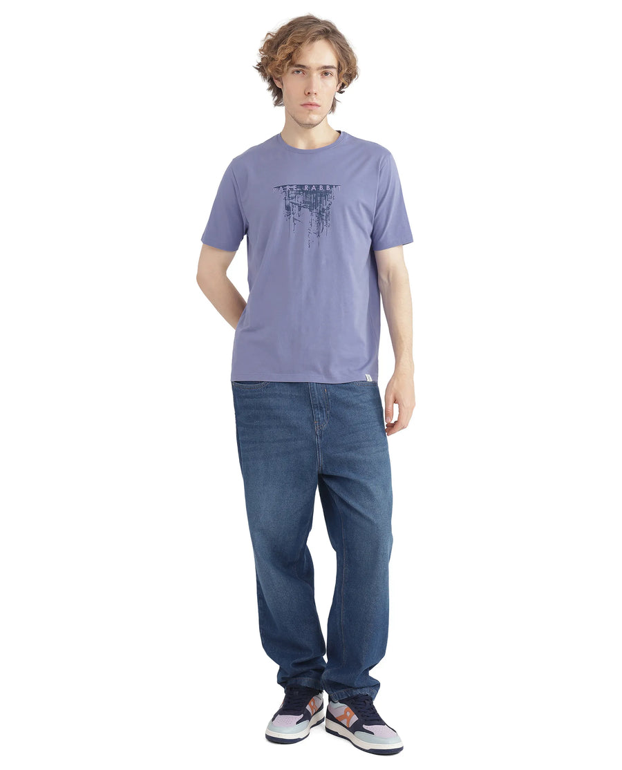 Rare Rabbit Men's Slyn Pastel Purple Cotton Blend Hd Print Regular Fit Half Sleeve Crew Neck T-Shirt