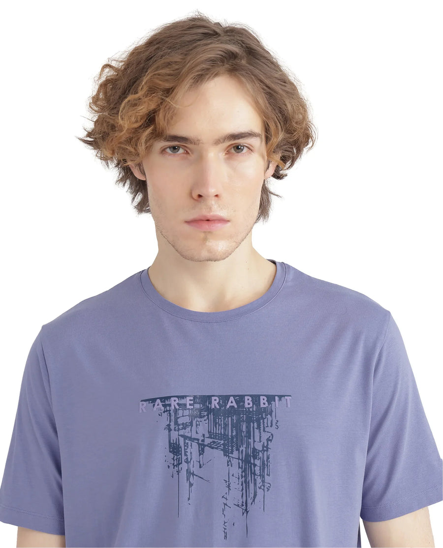 Rare Rabbit Men's Slyn Pastel Purple Cotton Blend Hd Print Regular Fit Half Sleeve Crew Neck T-Shirt