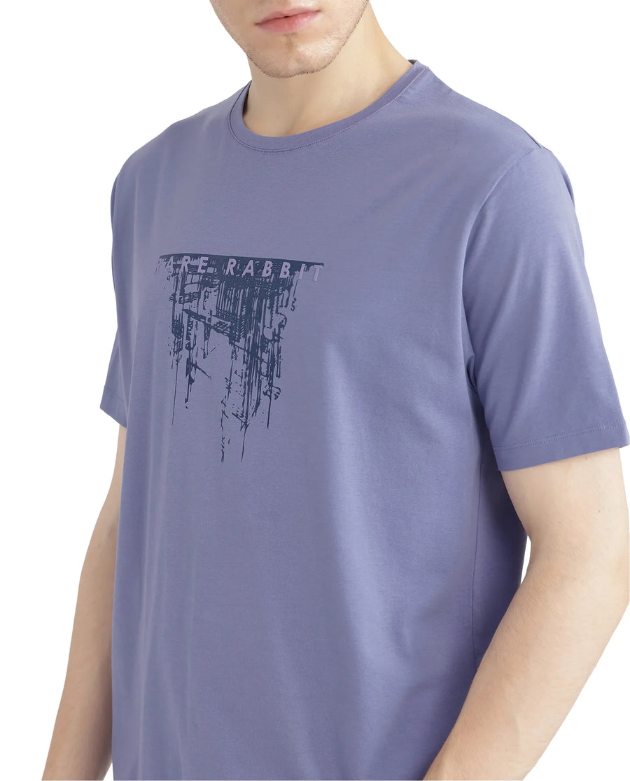 Rare Rabbit Men's Slyn Pastel Purple Cotton Blend Hd Print Regular Fit Half Sleeve Crew Neck T-Shirt