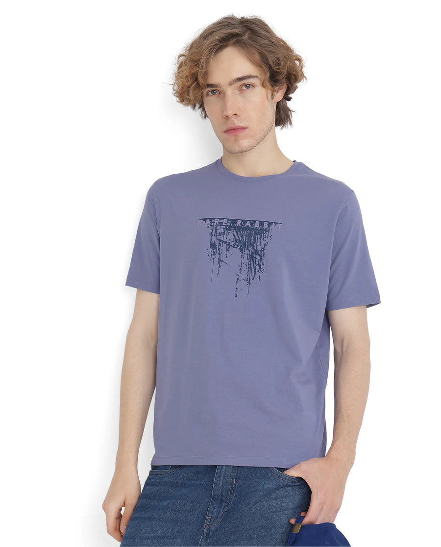 Rare Rabbit Men's Slyn Pastel Purple Cotton Blend Hd Print Regular Fit Half Sleeve Crew Neck T-Shirt