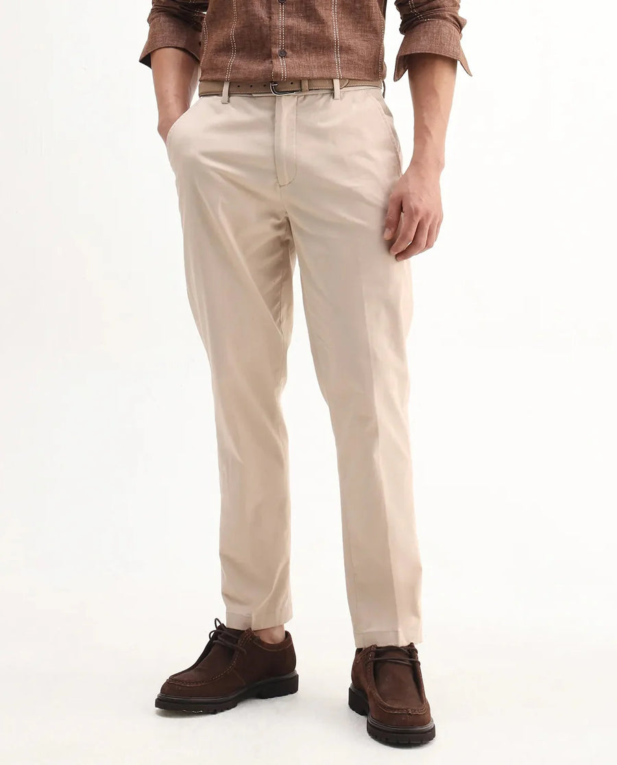 Rare Rabbit Men's Smart Beige Cotton Blend Plain Regular Fit Trouser