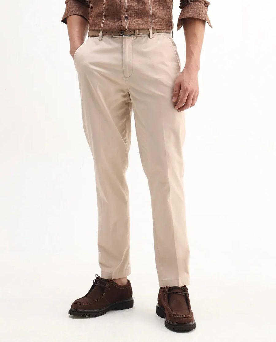 Rare Rabbit Men's Smart Beige Cotton Blend Plain Regular Fit Trouser