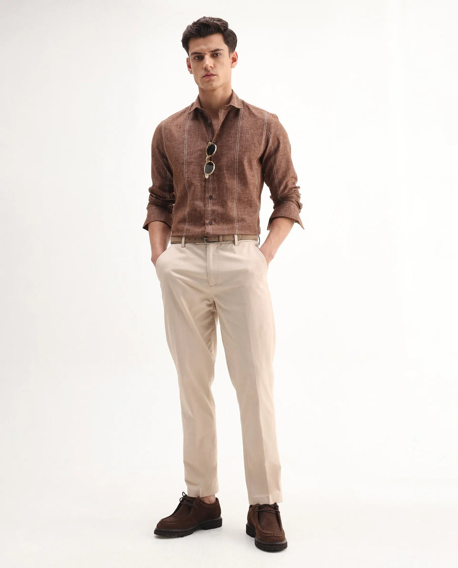 Rare Rabbit Men's Smart Beige Cotton Blend Plain Regular Fit Trouser