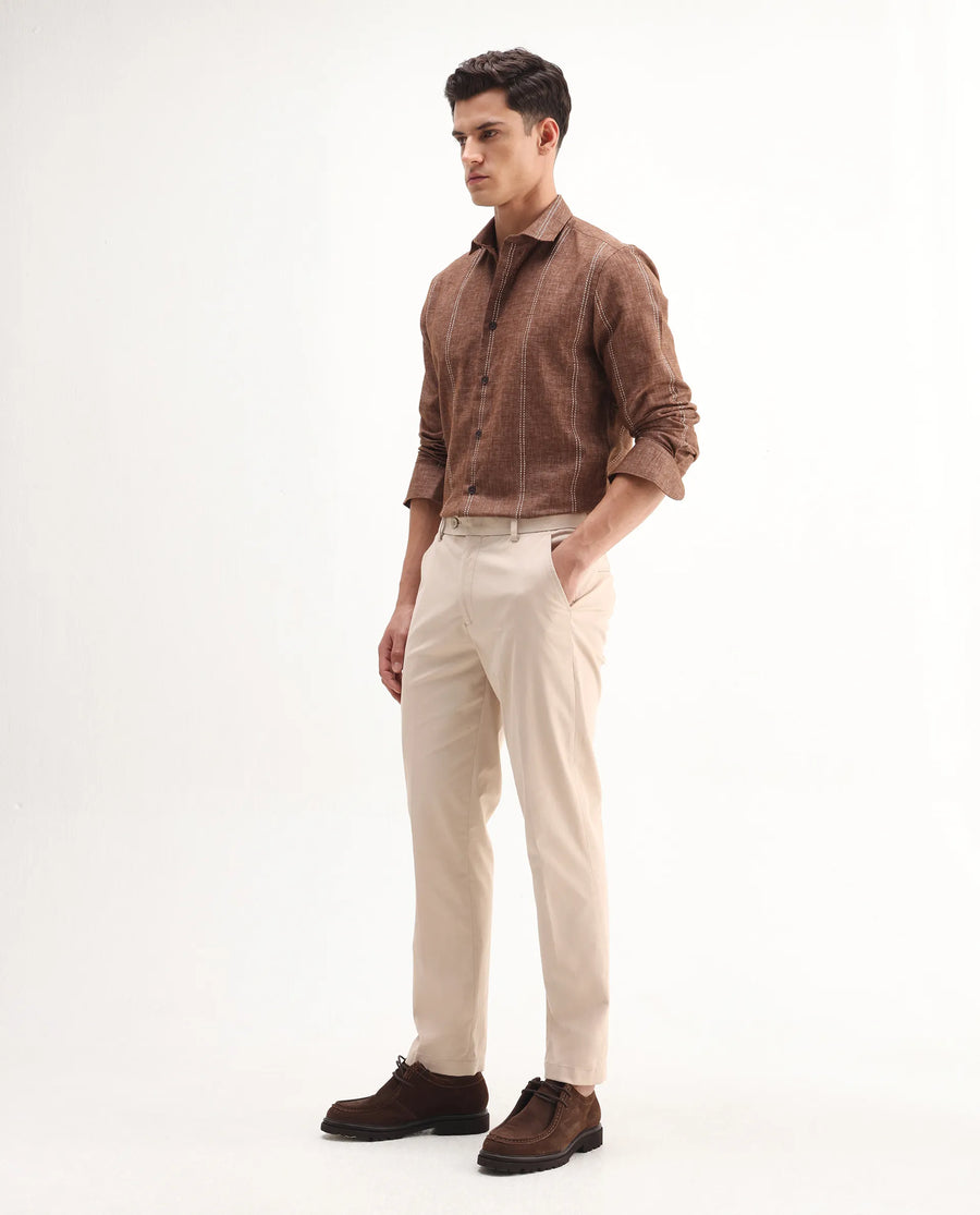 Rare Rabbit Men's Smart Beige Cotton Blend Plain Regular Fit Trouser