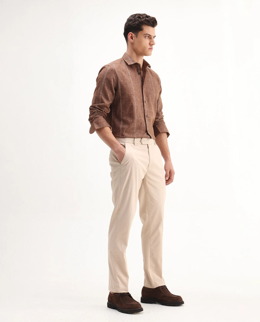 Rare Rabbit Men's Smart Beige Cotton Blend Plain Regular Fit Trouser