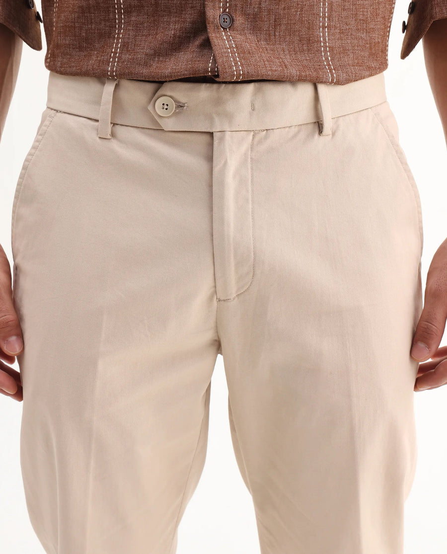 Rare Rabbit Men's Smart Beige Cotton Blend Plain Regular Fit Trouser
