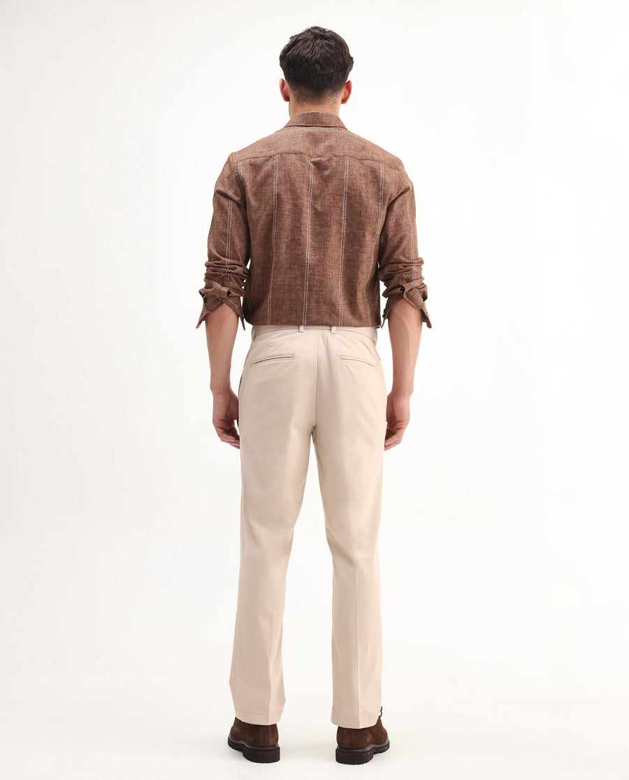 Rare Rabbit Men's Smart Beige Cotton Blend Plain Regular Fit Trouser