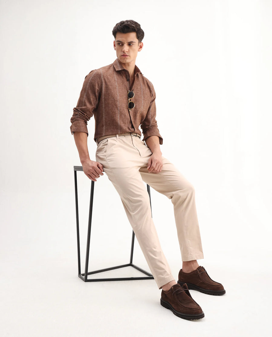 Rare Rabbit Men's Smart Beige Cotton Blend Plain Regular Fit Trouser
