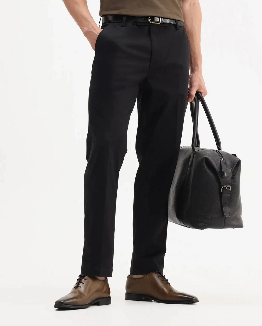 Rare Rabbit Men's Smart Black Cotton Blend Plain Regular Fit Trouser
