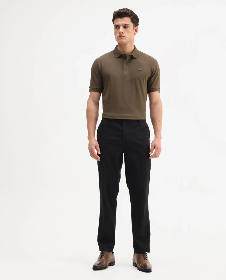 Rare Rabbit Men's Smart Black Cotton Blend Plain Regular Fit Trouser