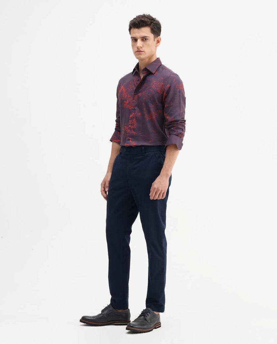 Rare Rabbit Men's Smart Navy Cotton Blend Plain Regular Fit Trouser