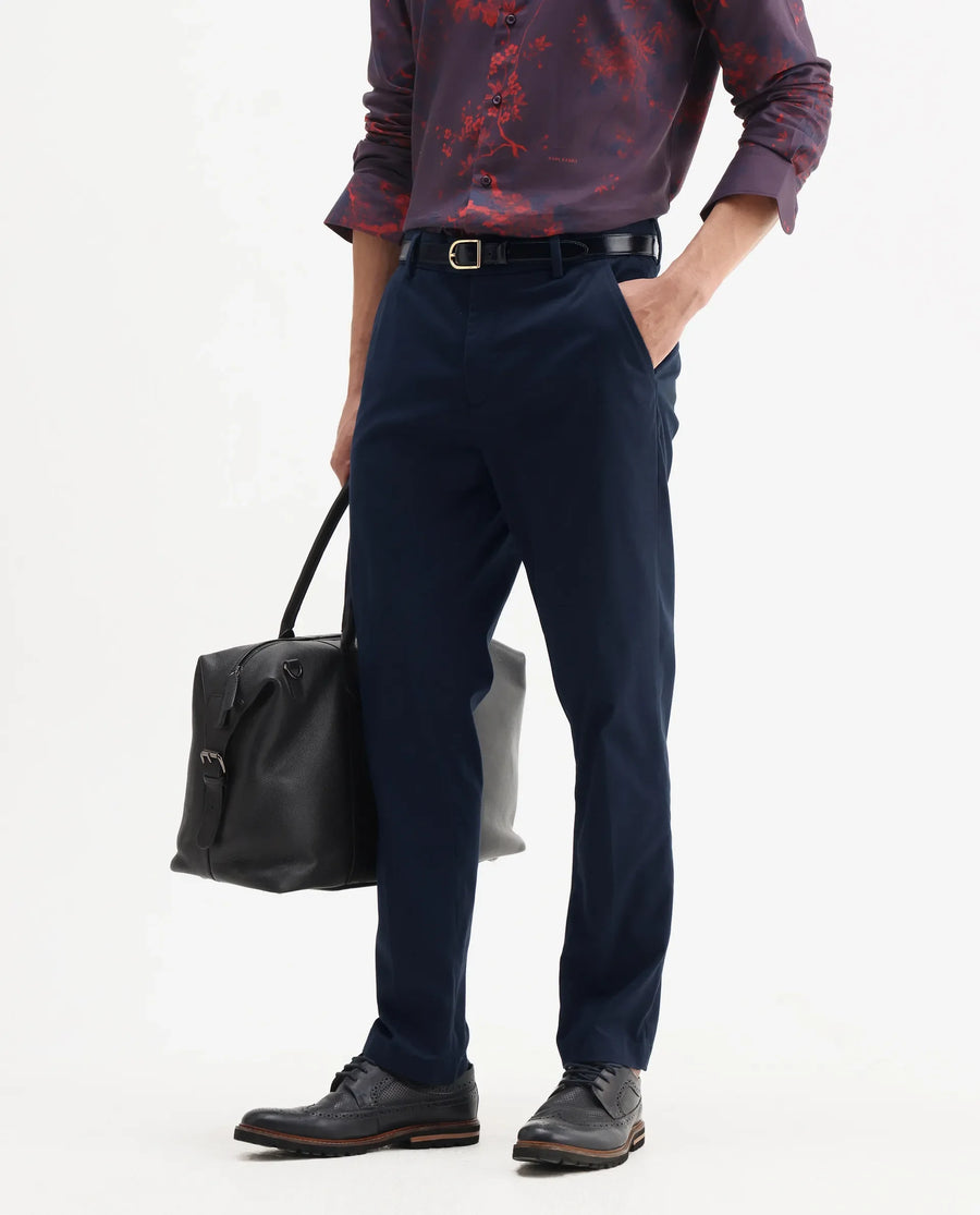 Rare Rabbit Men's Smart Navy Cotton Blend Plain Regular Fit Trouser