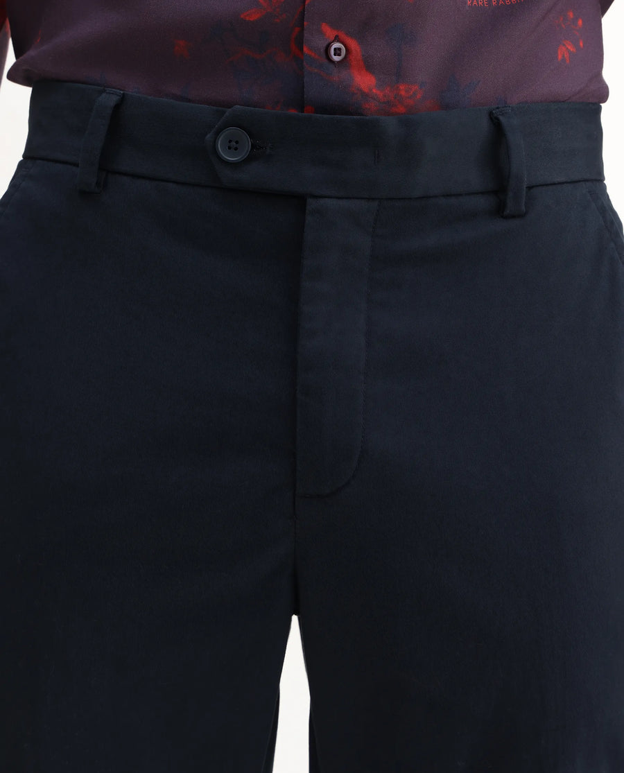 Rare Rabbit Men's Smart Navy Cotton Blend Plain Regular Fit Trouser