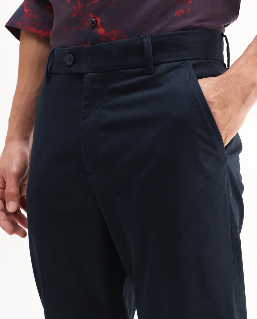 Rare Rabbit Men's Smart Navy Cotton Blend Plain Regular Fit Trouser
