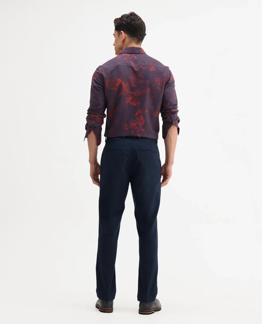 Rare Rabbit Men's Smart Navy Cotton Blend Plain Regular Fit Trouser