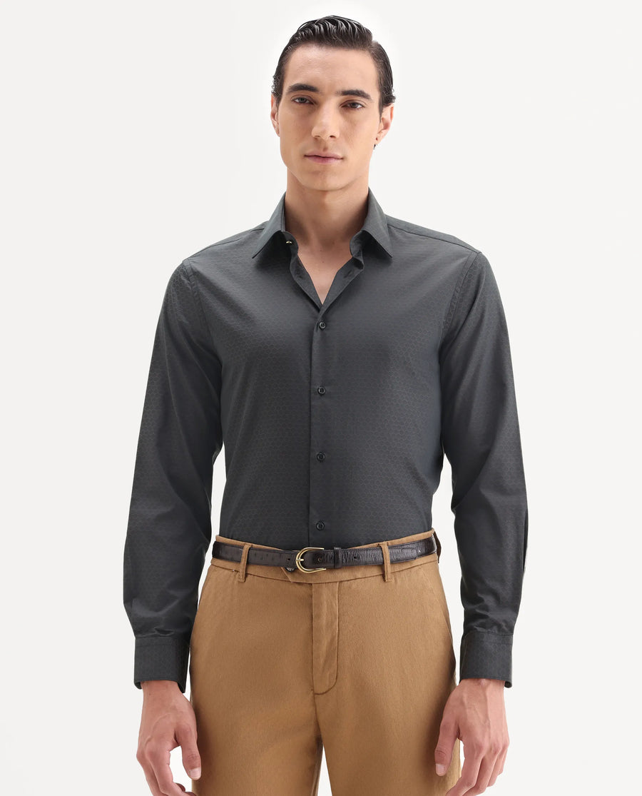 Rare Rabbit Men's Sner Dark Purple Cotton Fabric Collared Neck Regular Fit Jacquard Shirt