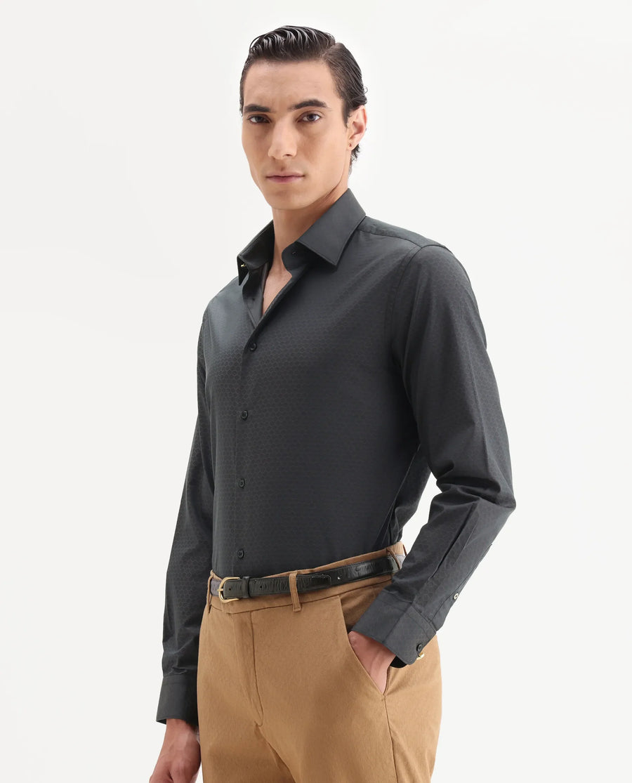 Rare Rabbit Men's Sner Dark Purple Cotton Fabric Collared Neck Regular Fit Jacquard Shirt