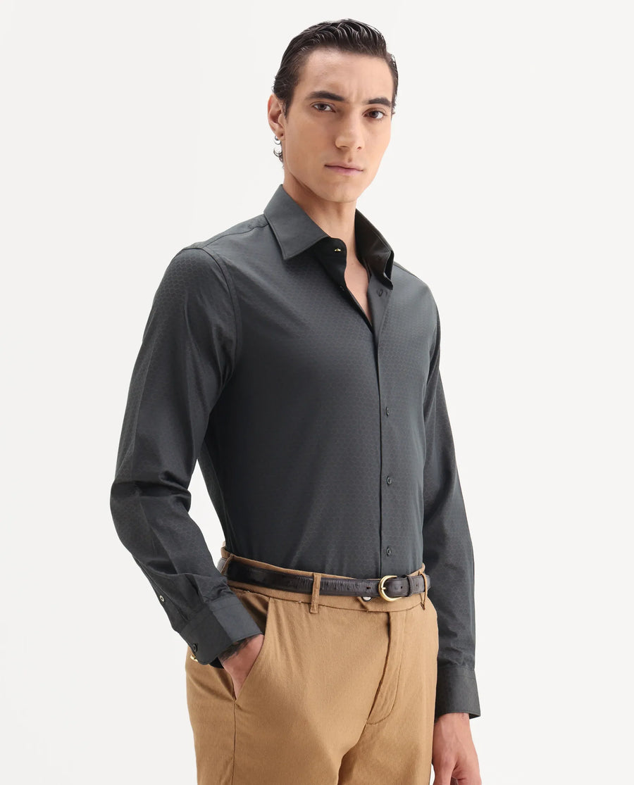 Rare Rabbit Men's Sner Dark Purple Cotton Fabric Collared Neck Regular Fit Jacquard Shirt