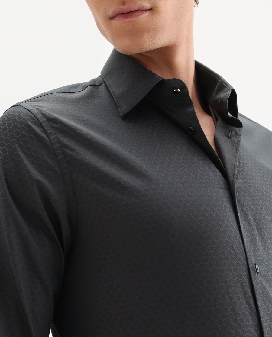 Rare Rabbit Men's Sner Dark Purple Cotton Fabric Collared Neck Regular Fit Jacquard Shirt