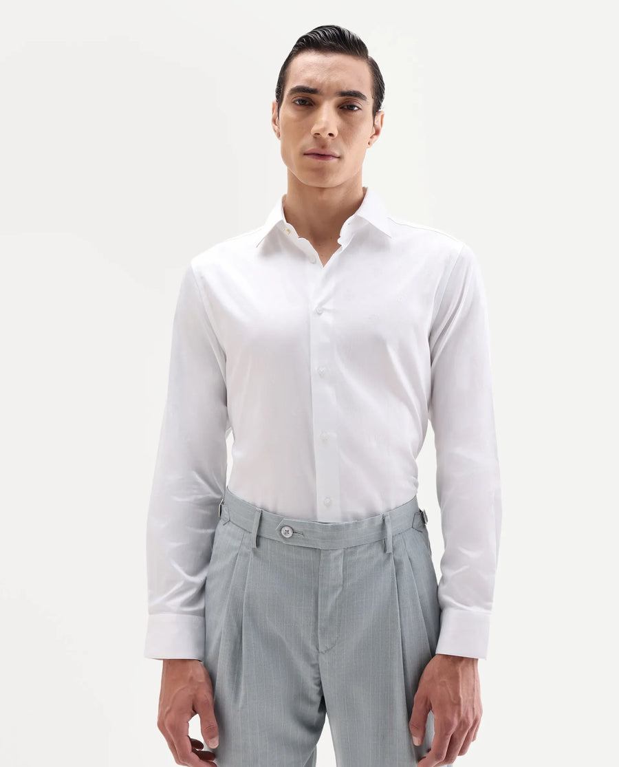 Rare Rabbit Men's Snow-25 White Cotton Fabric Spread Collar Regular Fit Jacquard Shirt