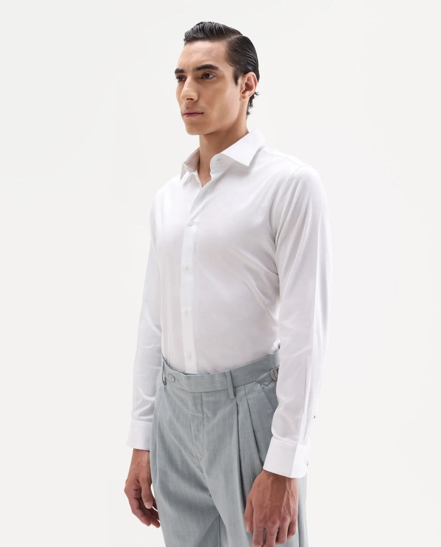 Rare Rabbit Men's Snow-25 White Cotton Fabric Spread Collar Regular Fit Jacquard Shirt