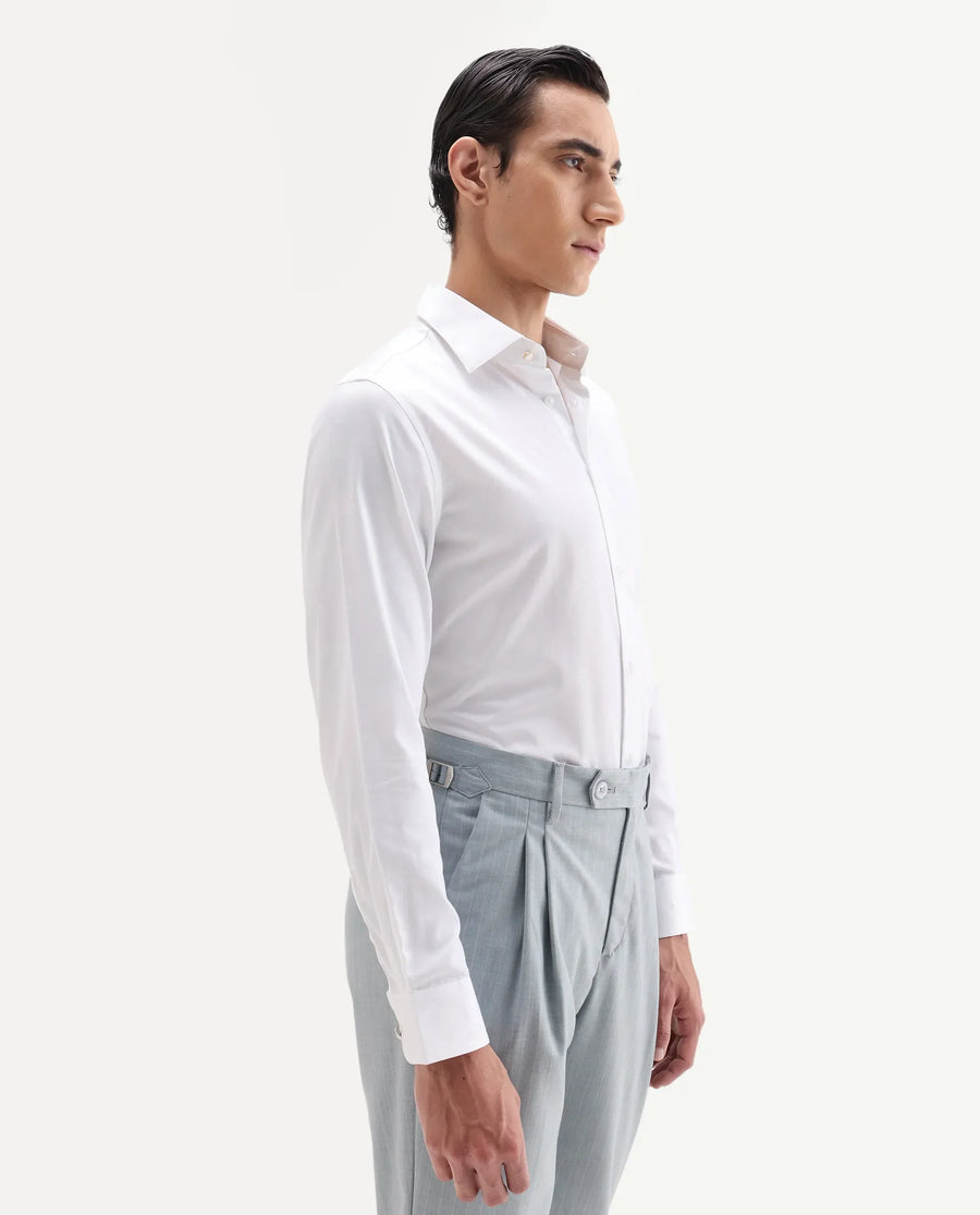 Rare Rabbit Men's Snow-25 White Cotton Fabric Spread Collar Regular Fit Jacquard Shirt
