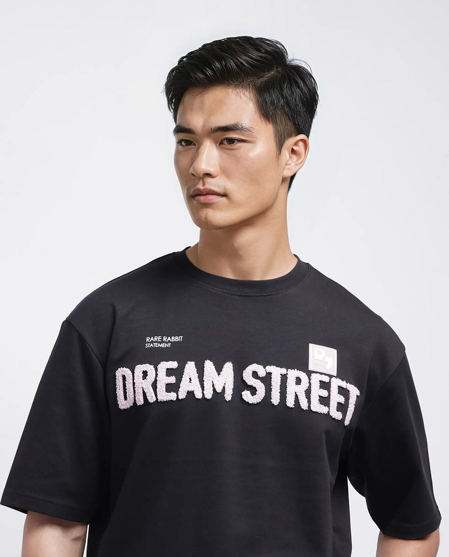 Rare Rabbit Men's Soin Black Cotton Graphic Print Oversized Fit Half Sleeve Crew Neck T-Shirt