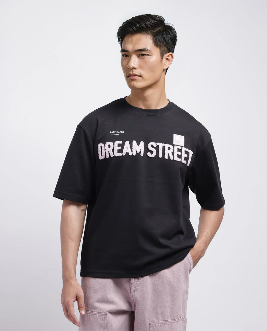 Rare Rabbit Men's Soin Black Cotton Graphic Print Oversized Fit Half Sleeve Crew Neck T-Shirt