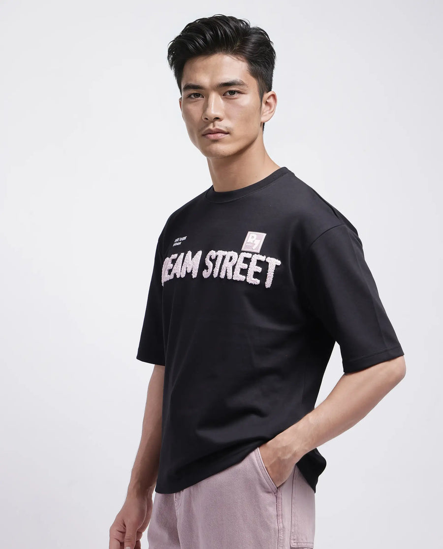 Rare Rabbit Men's Soin Black Cotton Graphic Print Oversized Fit Half Sleeve Crew Neck T-Shirt