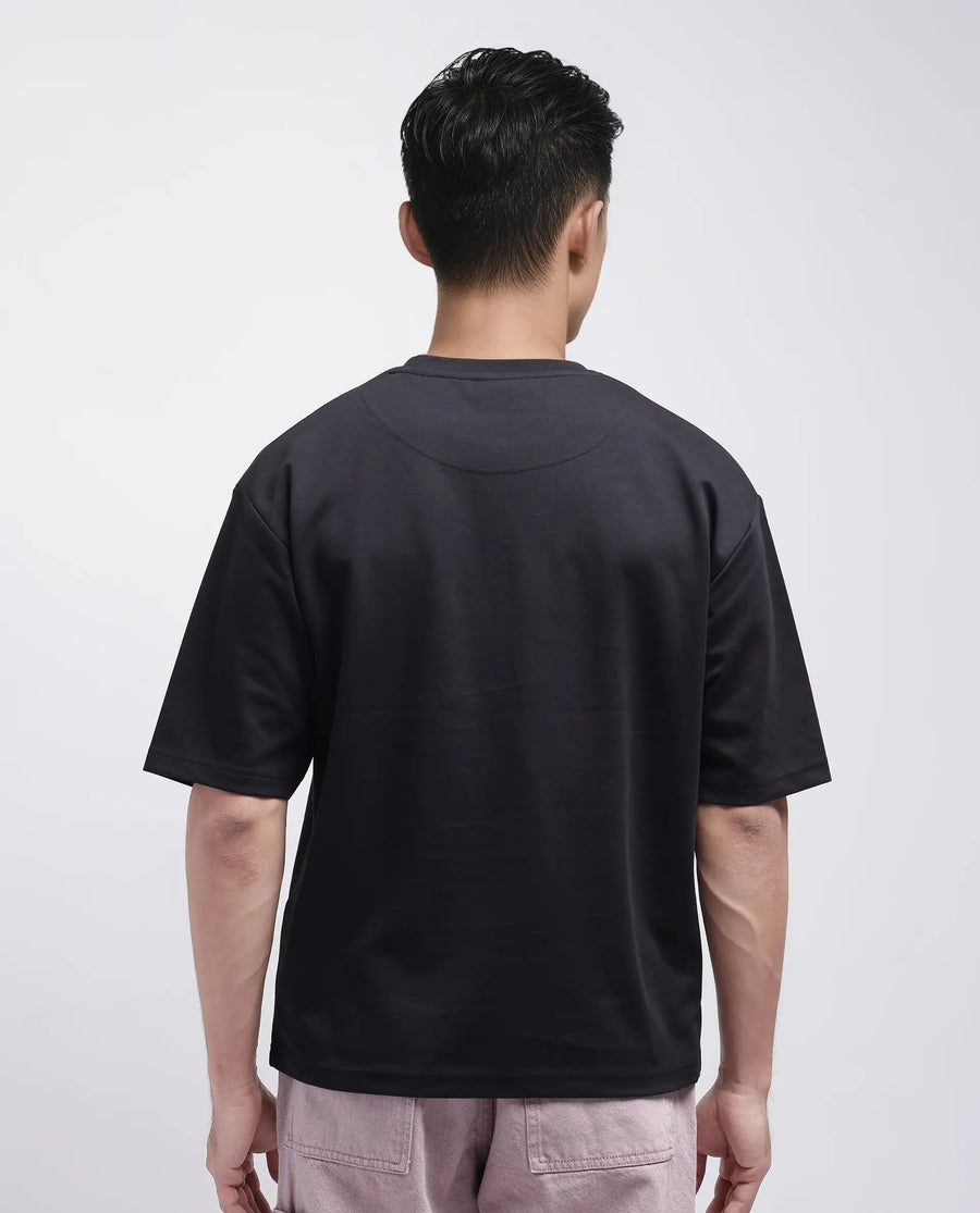 Rare Rabbit Men's Soin Black Cotton Graphic Print Oversized Fit Half Sleeve Crew Neck T-Shirt