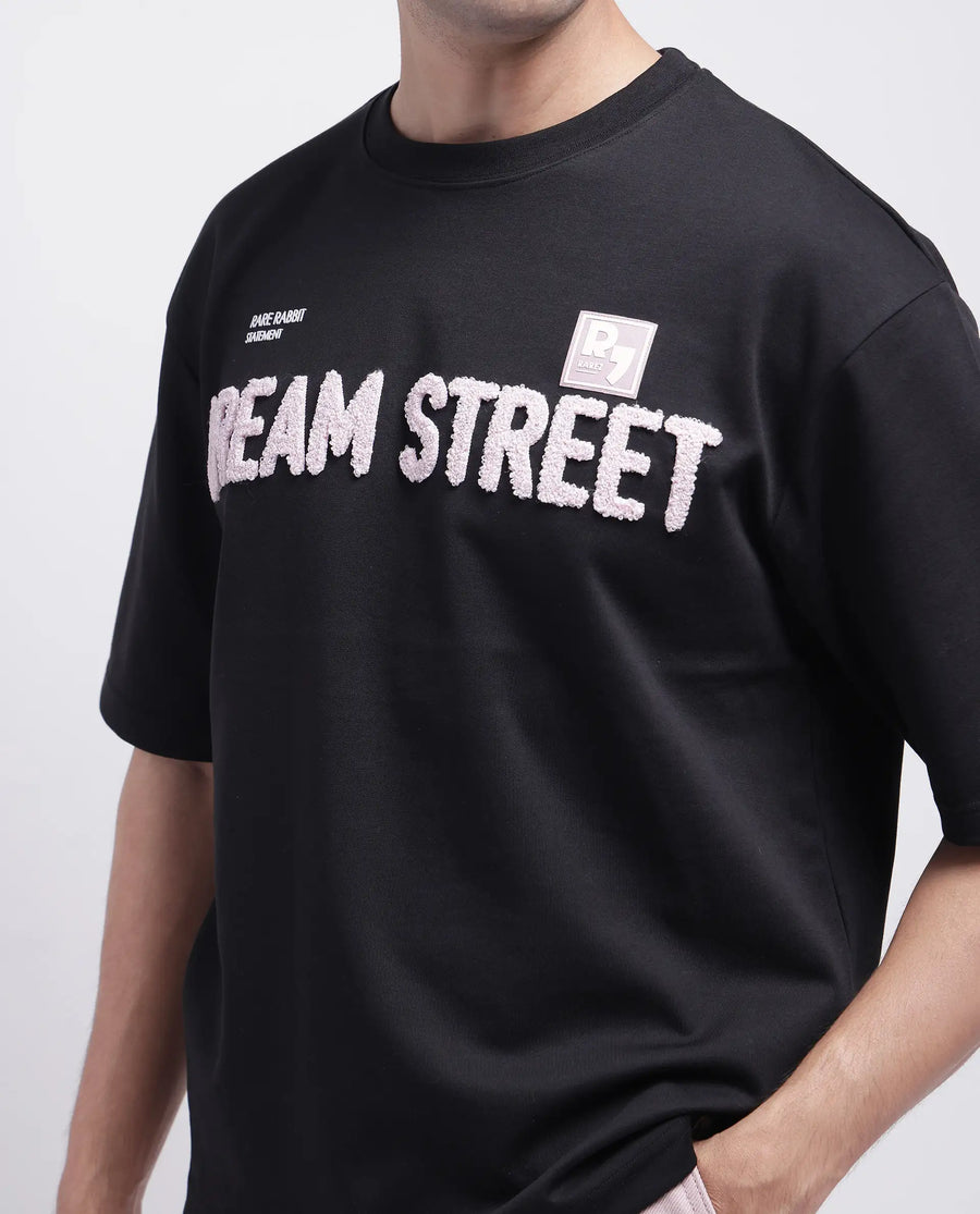 Rare Rabbit Men's Soin Black Cotton Graphic Print Oversized Fit Half Sleeve Crew Neck T-Shirt