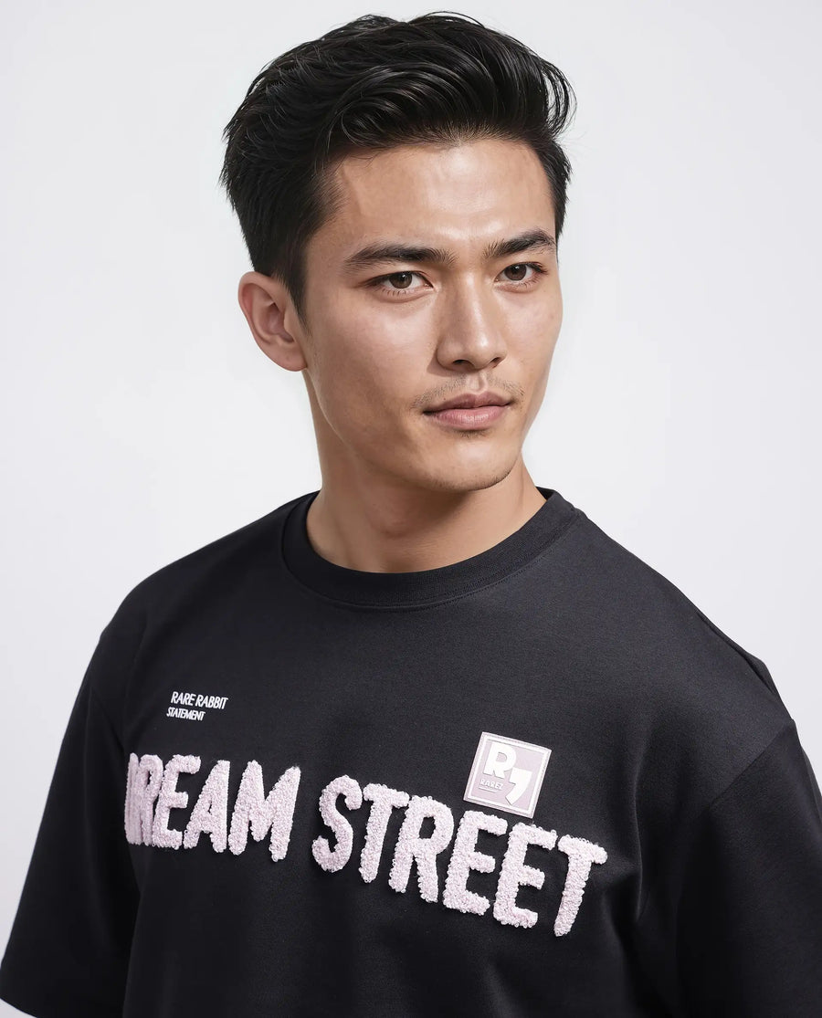 Rare Rabbit Men's Soin Black Cotton Graphic Print Oversized Fit Half Sleeve Crew Neck T-Shirt