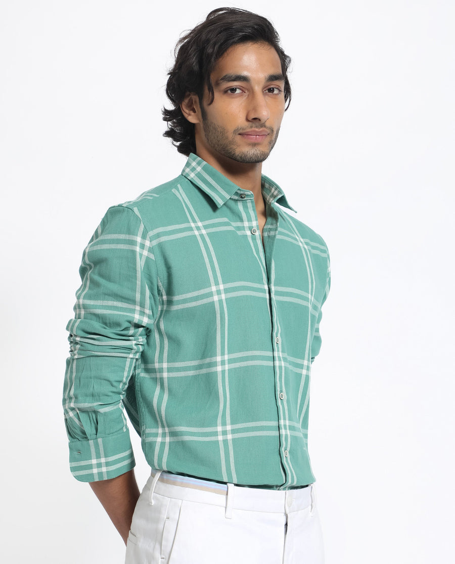 Rare Rabbit Men's Solan Green Cotton Checked Print Regular Fit Full Sleeve Collared Shirt