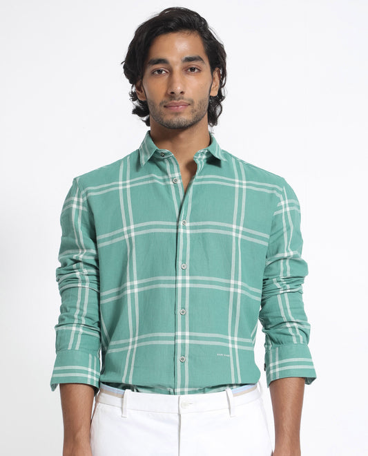 Rare Rabbit Men's Solan Green Cotton Checked Print Regular Fit Full Sleeve Collared Shirt