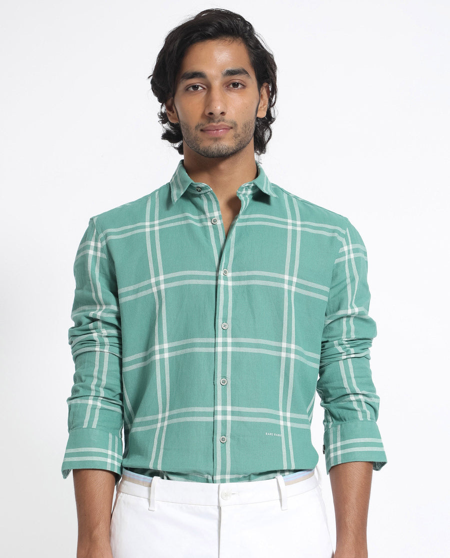 Rare Rabbit Men's Solan Green Cotton Checked Print Regular Fit Full Sleeve Collared Shirt
