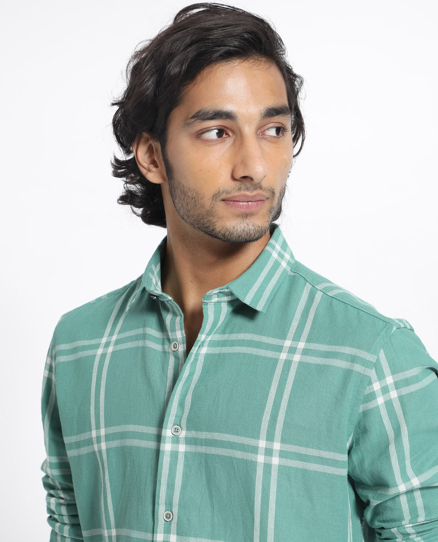 Rare Rabbit Men's Solan Green Cotton Checked Print Regular Fit Full Sleeve Collared Shirt