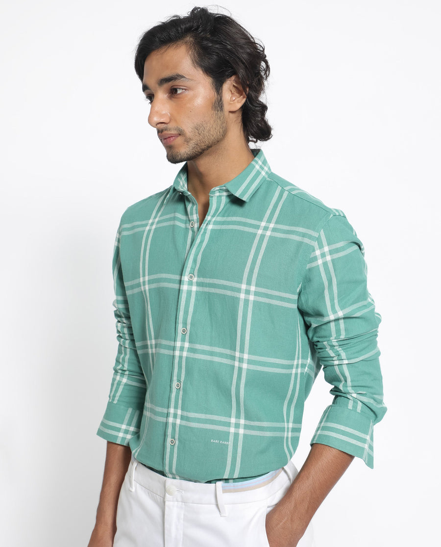 Rare Rabbit Men's Solan Green Cotton Checked Print Regular Fit Full Sleeve Collared Shirt