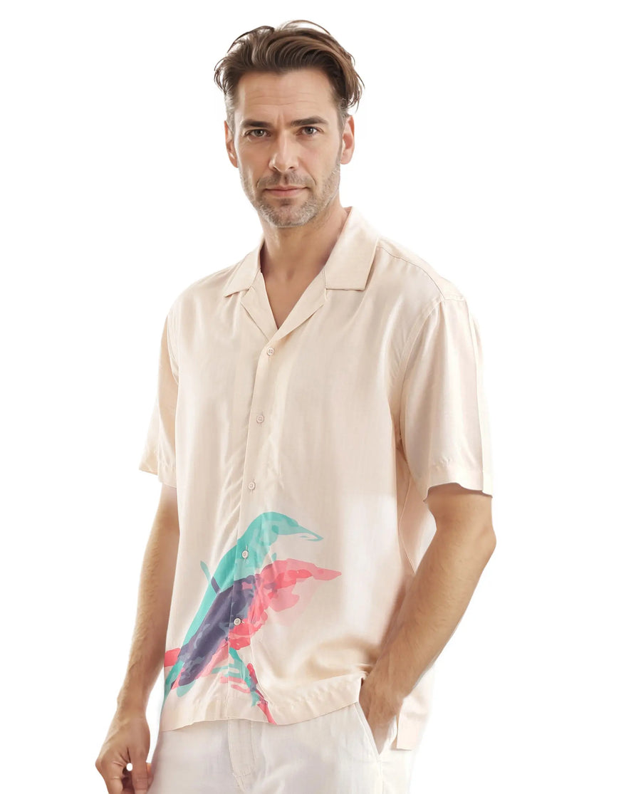 Rare Rabbit Men's Som Light Yellow Cotton Animal Print Boxy Fit Half Sleeve Cuban Collar Shirt