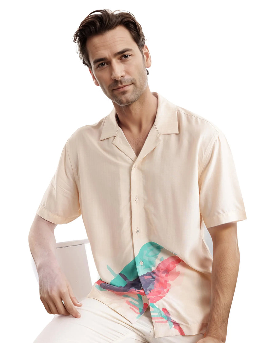 Rare Rabbit Men's Som Light Yellow Cotton Animal Print Boxy Fit Half Sleeve Cuban Collar Shirt