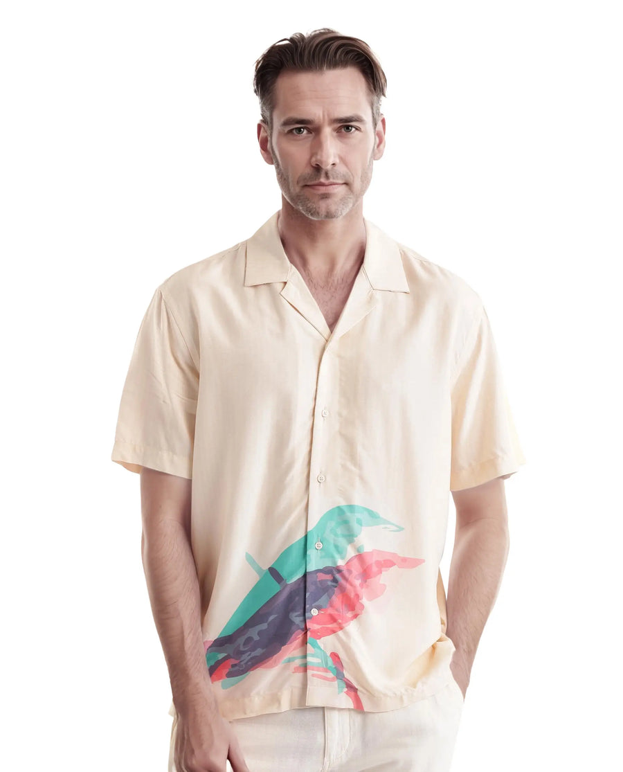 Rare Rabbit Men's Som Light Yellow Cotton Animal Print Boxy Fit Half Sleeve Cuban Collar Shirt