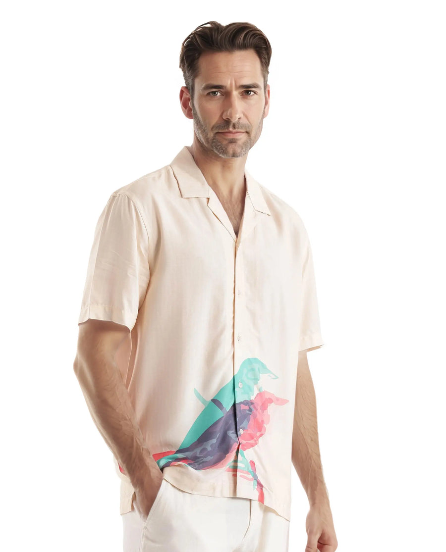 Rare Rabbit Men's Som Light Yellow Cotton Animal Print Boxy Fit Half Sleeve Cuban Collar Shirt