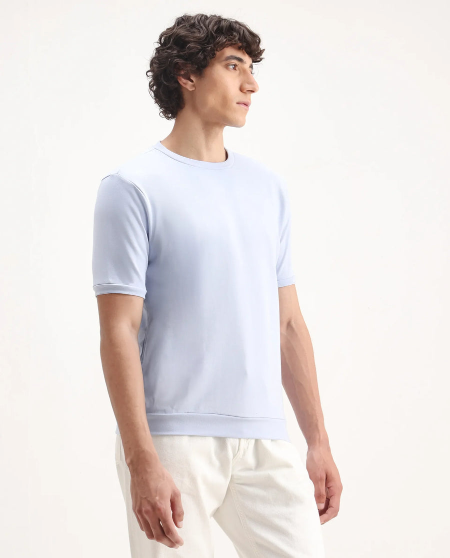 Rare Rabbit Men's Sorp Light Blue Cotton Embroidered Oversized Fit Half Sleeve Crew Neck T-Shirt