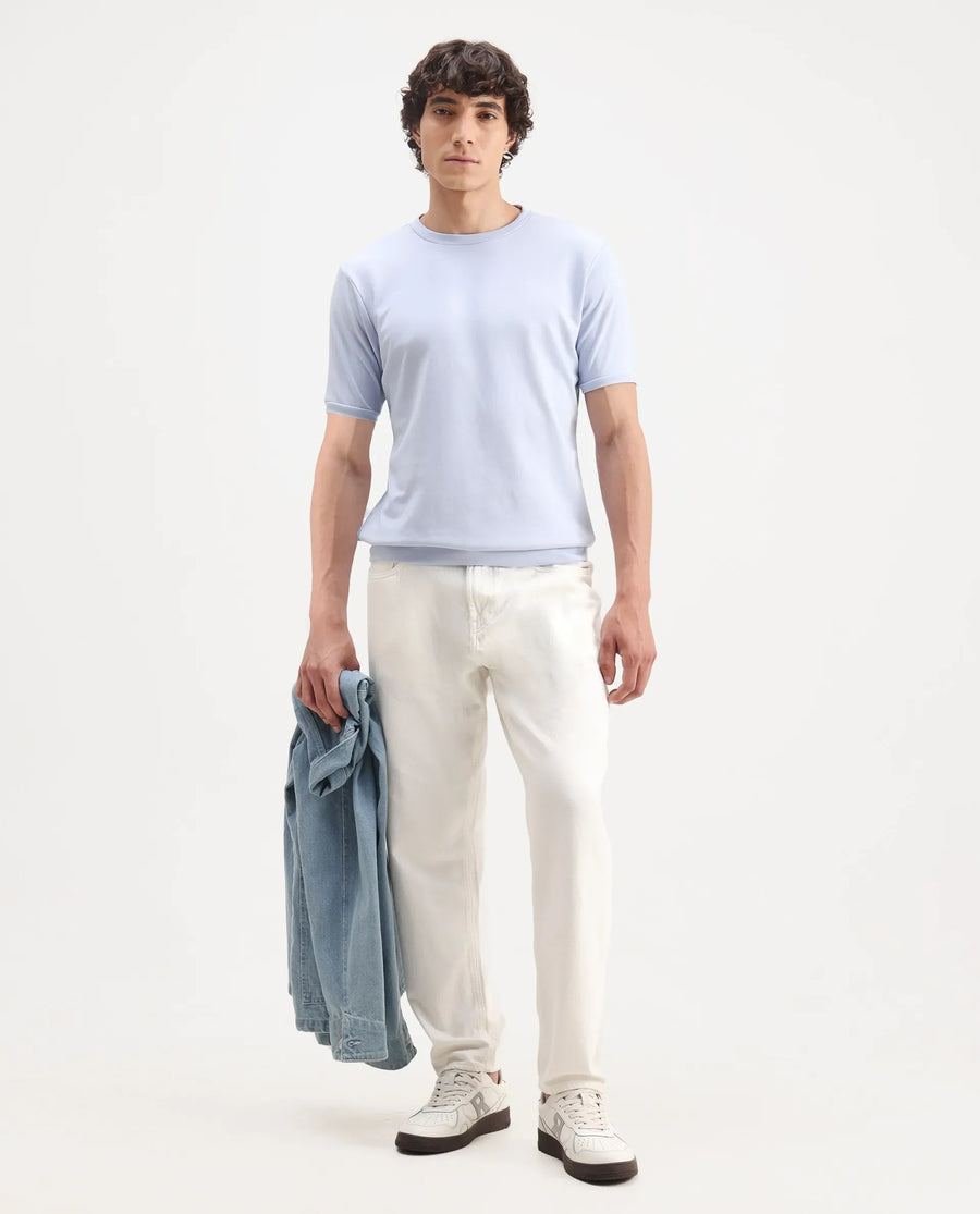 Rare Rabbit Men's Sorp Light Blue Cotton Embroidered Oversized Fit Half Sleeve Crew Neck T-Shirt