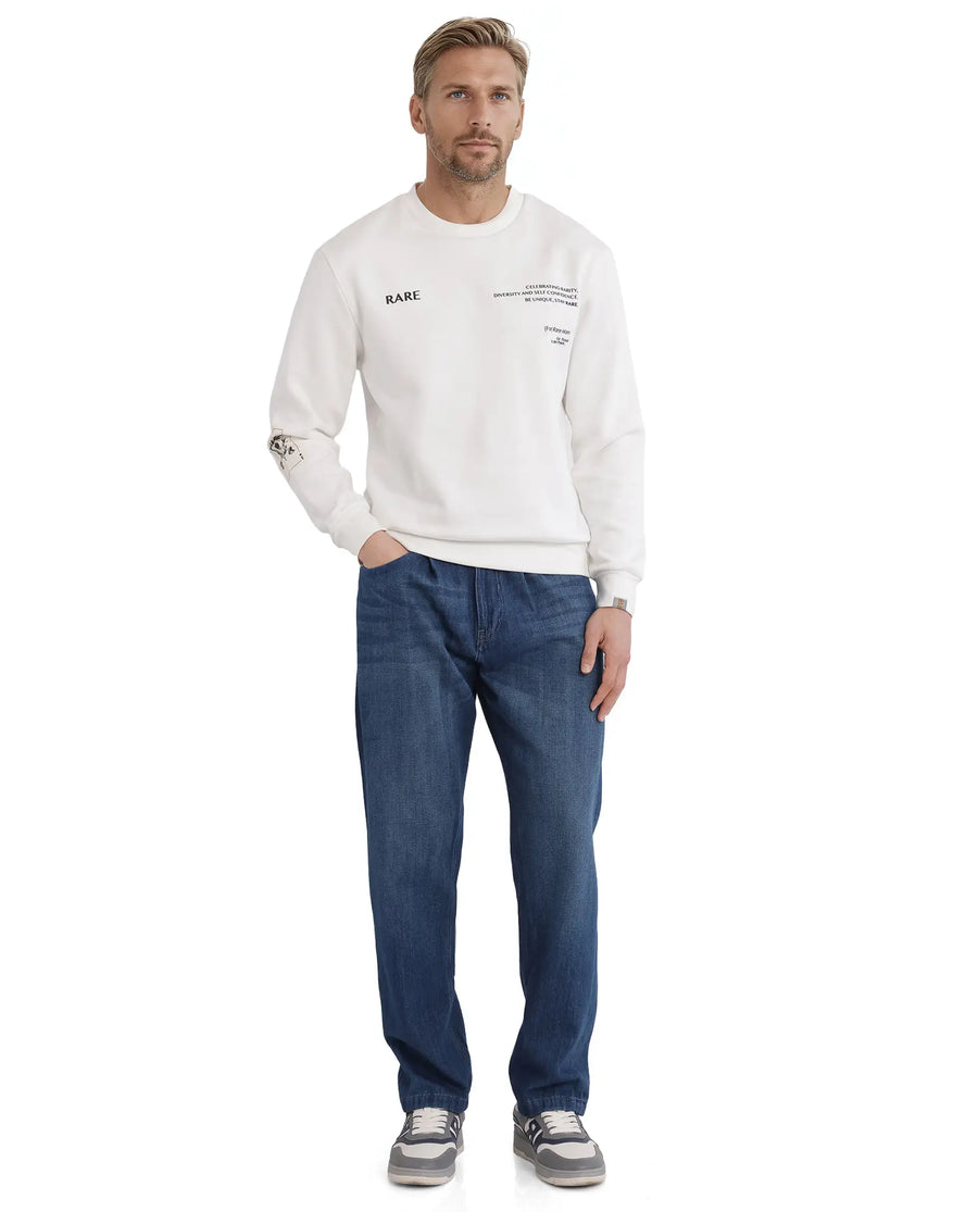Rare Rabbit Men's Spade White Cotton Blend Typography Print Boxy Fit Full Sleeve Crew Neck Sweatshirt