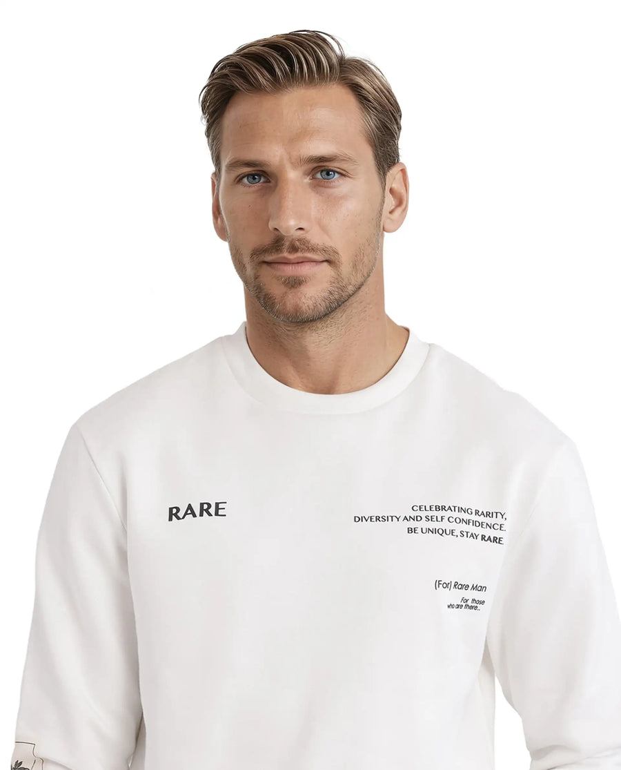 Rare Rabbit Men's Spade White Cotton Blend Typography Print Boxy Fit Full Sleeve Crew Neck Sweatshirt